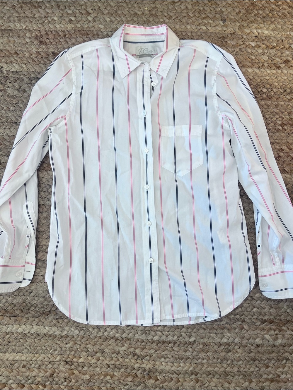 J. Crew women’s White Button-Up Shirt with Pink & Navy Stripes small